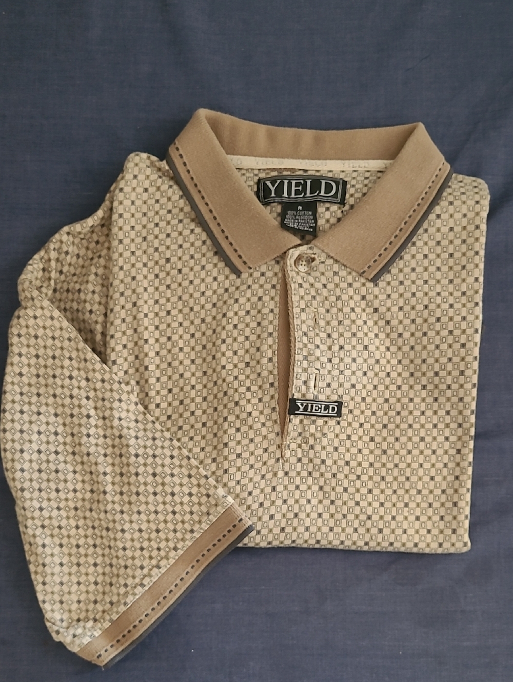Yield Men's Beige Patterned Polo with Contrast Collar